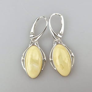 White Amber Earrings, Lever Back Amber Earrings, Oval Baltic Amber Earrings, 925 Sterling Silver and Amber Earrings, Lithuanian Jewelry Gift