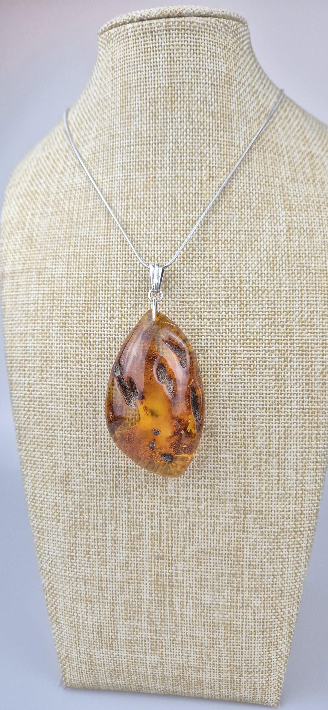 Handmade Baltic Amber Pendant – Silver Plated – Orange Gemstone – 1.32 Inch – Wedding/Birthday Jewelry