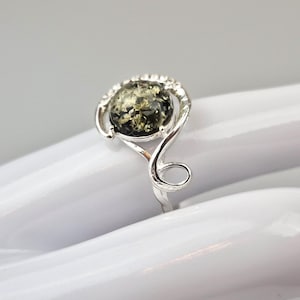Green Amber Ring, Sterling Silver 925 and Natural Amber Ring, Classic Shape Ring, Organic Jewelry, Handcrafted Amber Ring, Gift for a Mother