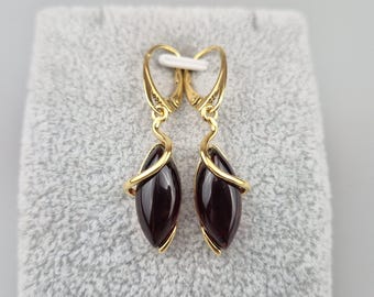 Teardrop Red Amber Earrings: Gold Plated Sterling Silver 925 & Natural Gemstone, Elegant Dangle