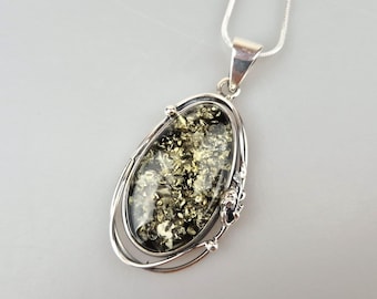 Green Baltic Amber Pendant: Sterling Silver 925 Teardrop Cabochon