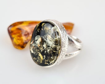 Einstellbar Bernstein Ring: Oval Sterling Silber, Litauisches Geschenk