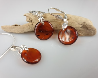 Cognac Baltic Amber Jewelry Set: Stainless Steel Pendant Earrings