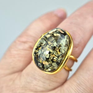 Green Amber Ring, Adjustable Size Silver Gold Plated Ring, Raw Baltic Amber, Handmade Amber Ring, Unique Amber Gift, Lithuanian Amber Gift
