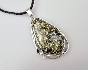 Green Baltic Amber Teardrop Pendant: Sterling Silver 925 Jewelry Gift