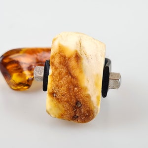 Raw Baltic Amber Ring, Adjustable Unisex Rubber and Amber Ring, Lithuanian Amber Jewelry Gift, Handmade Rare Amber Ring, Unique Amber Gift