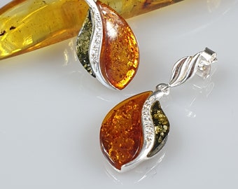 Natural Amber earrings, stud in amber earrings, Natural Baltic Amber jewelry, modern silver earrings, multi stone earrings, gemstone studs