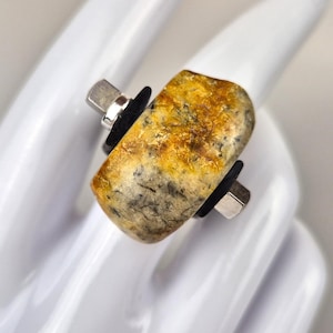 Handcrafted Raw Baltic Amber Ring: Rubber & Stainless Steel Adjustable Band