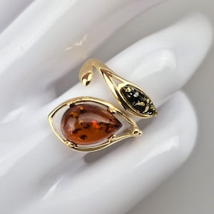 Silver Gold Plated Ring, Baltic Amber Ring, Multicolor Amber Ring, Amber Handcrafted Ring, Royal Gif, Handmade Ring, Lithuanian Jewelry Gift