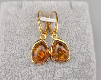 Cognac Baltic Amber Earrings: Gold Plated Sterling Silver 925 Lever Back, Handmade Jewelry