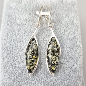 Large Green Amber Earring, Amber Earrings, Sterling Silver Earrings, Hanging Royal Baltic Amber, Gift for Her, Lithuanian Handmade Jewelry