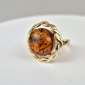 Cognac Amber Ring, Classic Gold Plated Ring, Silver and Gold Plated, Brown Amber Ring, Organic Jewelry, Handcrafted Ring, Gift for a Her