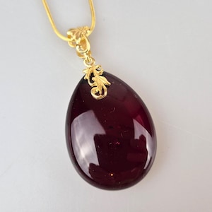 Red Amber Pendant, Genuine Natural Baltic Amber Stone, Cherry Amber Cabochon, Silver Gold Plated, Handcrafted Jewelry, Gift for Her and Him