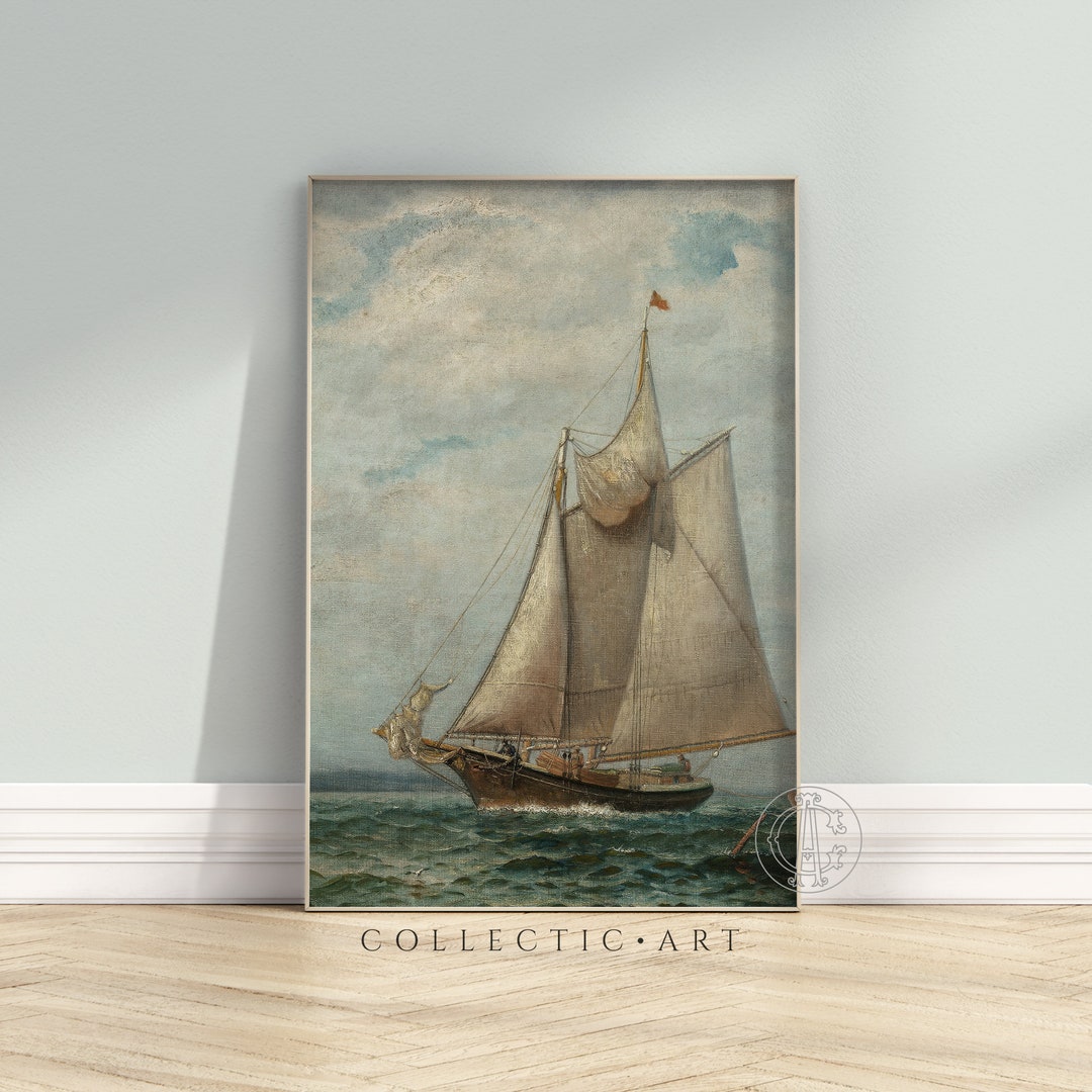 Tall Ship Sailing at Sea Printable Wall Art Vintage Sailboat Painting ...