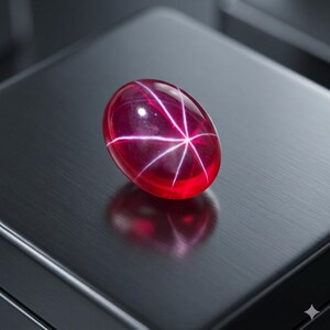 Een prachtige dieprode robijnrode edelsteen met een scherp en briljant zeshoekig asterisme van natuurlijk licht.