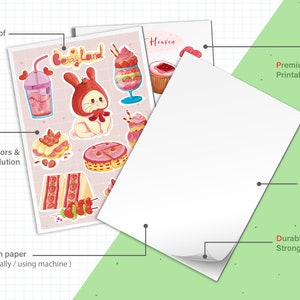 May include: A sheet of printable vinyl sticker paper featuring a cartoon bunny and various desserts. The paper is waterproof, durable, and has an easy peel backing. The text "Berry Land" is featured on the paper.