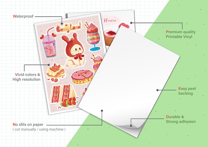 May include: A sheet of printable vinyl sticker paper featuring a cartoon bunny and various desserts. The paper is waterproof, durable, and has an easy peel backing. The text "Berry Land" is featured on the paper.