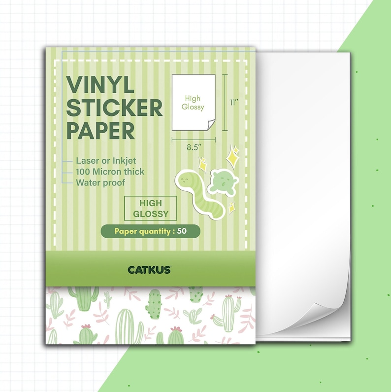 May include: A pack of 50 sheets of 8.5 by 11 inch high gloss vinyl sticker paper. The paper is 100 micron thick and water proof. The pack has a green and white cactus pattern on the front and the text "VINYL STICKER PAPER" in large black letters.