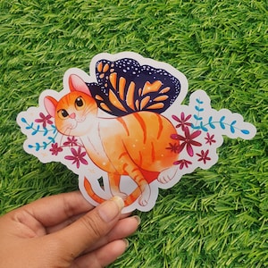 Vlinder kat holografische gestanst sticker-vinyl sticker | Waterdichte stickers | Schattig briefpapier cadeau | Laptopstickers