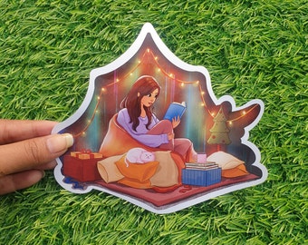 Cozy Winter Girl With Cat Holographic Die Cut Sticker - Vinyl Sticker | Waterproof Stickers | Best Friend Gift | Laptop Stickers