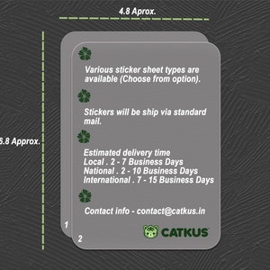May include: A gray and white business card with a green clover logo and the text "CATKUS". The card includes information about sticker sheet types, shipping, delivery times, and contact information.