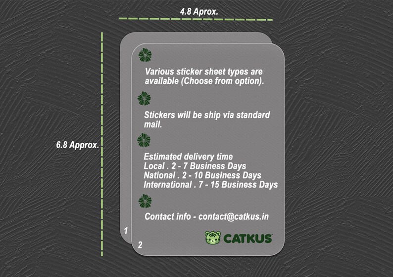 May include: A gray and white business card with a green clover logo and the text "CATKUS". The card includes information about sticker sheet types, shipping, delivery times, and contact information.
