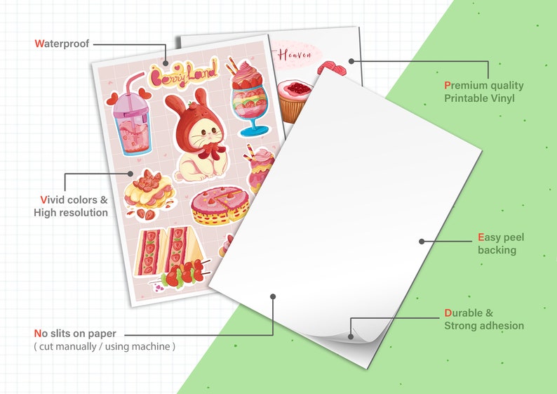 Puede incluir: Una hoja de papel de vinilo imprimible para pegatinas con un dise&ntilde;o de un lindo conejito y varios postres. El papel es impermeable, duradero y tiene un respaldo f&aacute;cil de despegar. El texto "Berry Land" est&aacute; impreso en el papel.