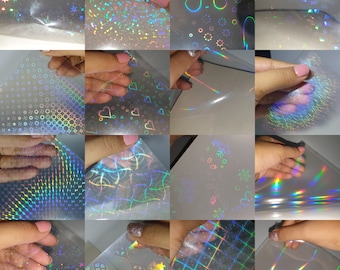 16 Pattern Holographic Transparent Self Adhesive Overlay Film A4 Sheet - Vinyl Holographic Cold Lamination Film for Sticker and Label