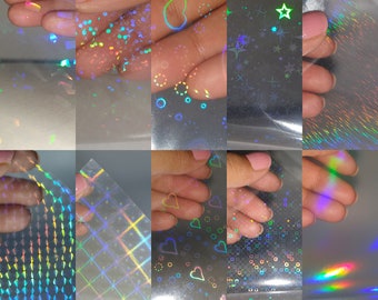 10 Pattern Holographic Transparent Self Adhesive Overlay Film A4 Sheet - Vinyl Holographic Cold Lamination Film for Sticker and Label