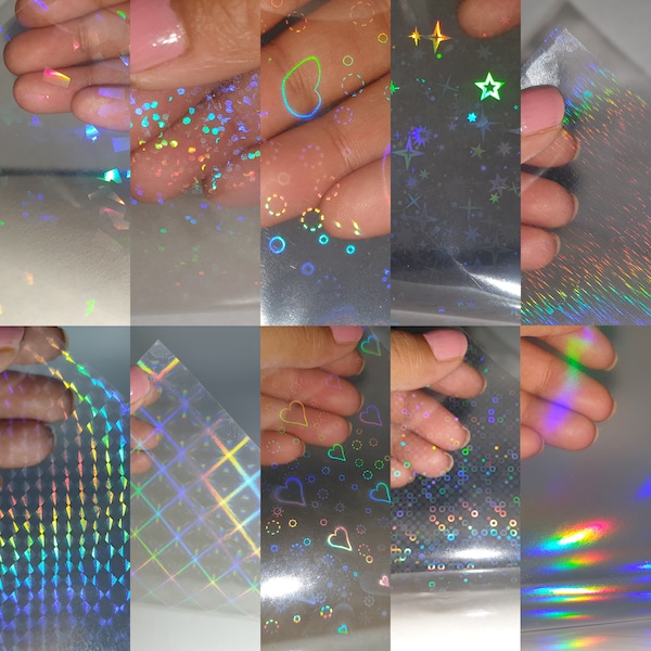 Film de superposition auto-adhésif transparent holographique, 10 motifs, feuille A4 - Film vinyle holographique pour plastification à froid pour autocollant et étiquette