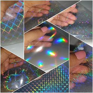 Film de superposition auto-adhésif transparent holographique 7 motifs feuille A4 - Film vinyle holographique pour plastification à froid pour autocollant et étiquette