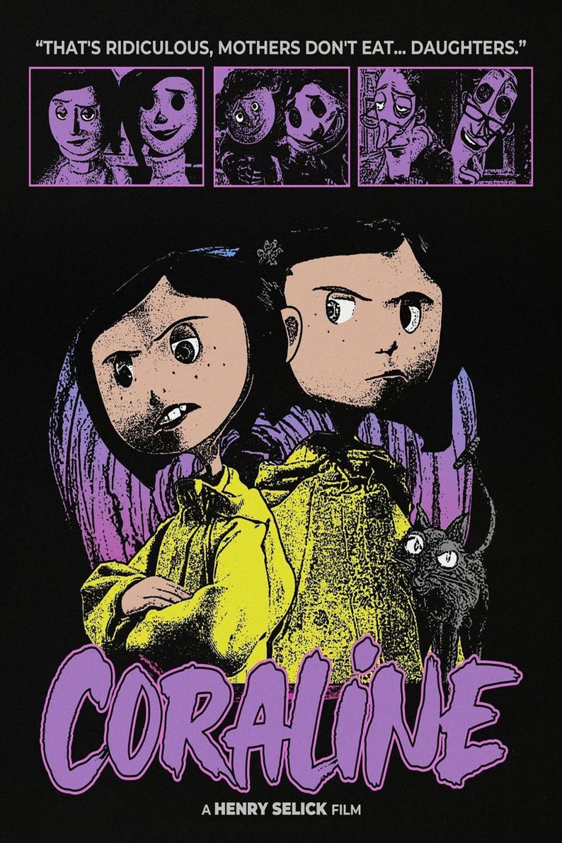May include: A poster for the animated film "Coraline" with the title in purple. The image shows two main characters in yellow jackets, a black cat, and a series of small panels with characters at the top. The background is black.