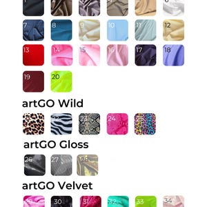 May include: A colour chart displaying fabric swatches labelled "artGO Main colours", "artGO Wild", "artGO Gloss", and "artGO Velvet". The chart shows various colours and patterns, including solids and animal prints, numbered 1 to 34.