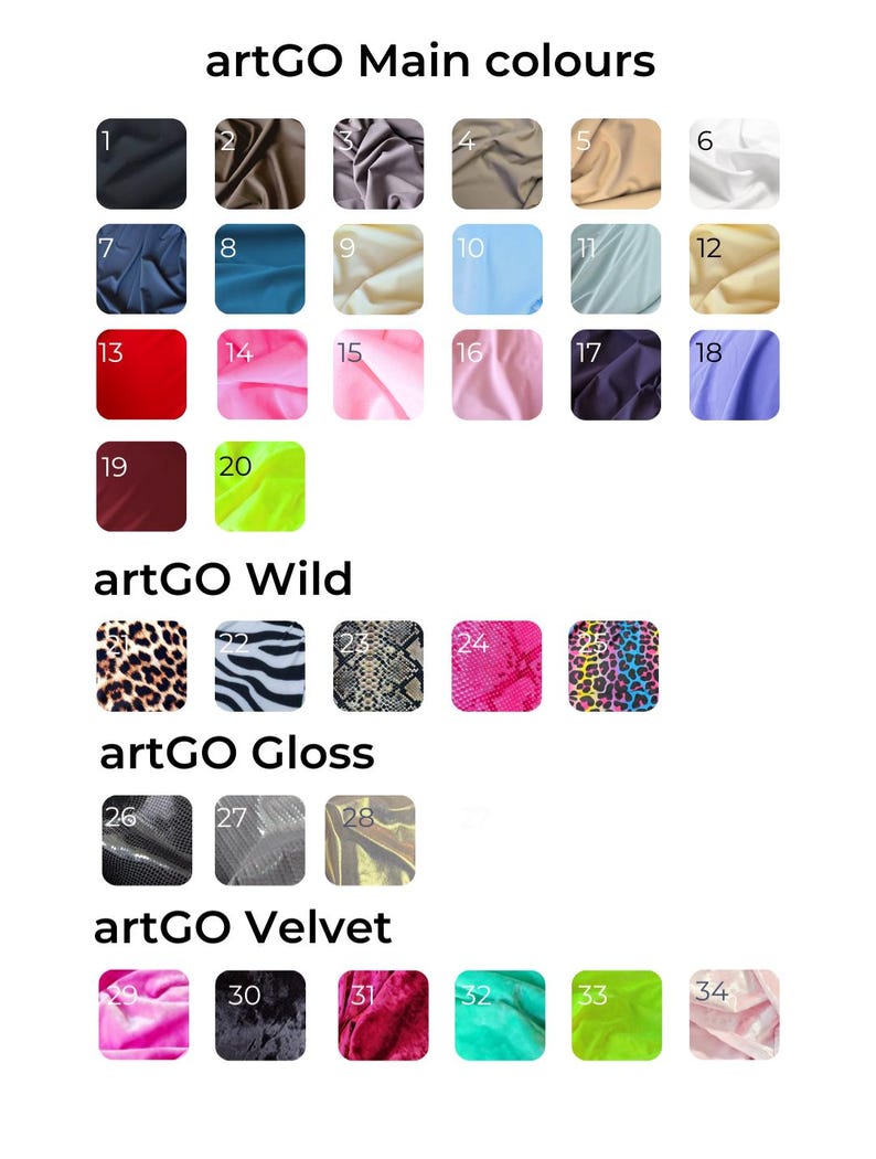 May include: A colour chart displaying fabric swatches labelled "artGO Main colours", "artGO Wild", "artGO Gloss", and "artGO Velvet". The chart shows various colours and patterns, including solids and animal prints, numbered 1 to 34.