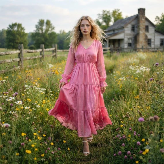 Chiffon Maxi Dress, Women's Long Sleeve Beach Dress, Solid Color Loose Summer Dress, Slim Fit Vacation Dress, Elegant Boho Maxi Dress