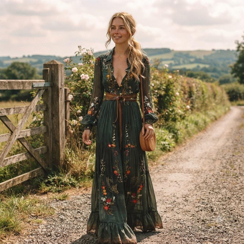green and white maxi dress with sleeves Long Sleeve feminine outfit