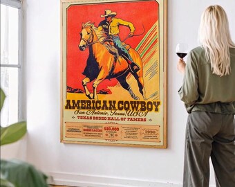 Vintage Western Cowboy Poster Texas Rodeo Style Wall Art