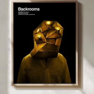 May include: A framed poster titled Backrooms featuring a figure with a geometric, faceted, gold-toned head illuminated from within. The figure wears a plain, dark gold shirt against a solid black background. Text includes credits for director, writer, and cast.