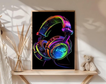 Impresión artística de pared de neón con auriculares de juego coloridos