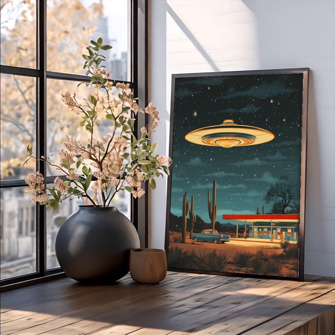 Retro UFO Poster Vintage Flying Saucer Scifi Illustration Print Space ...