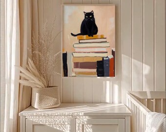 Cat Sitting On Books Art Print Cozy Reading Book Wall Art Cute Black Cat Poster Gift For Cat Lovers