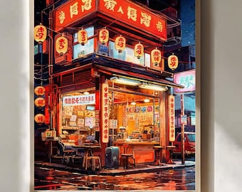 Japanese Ramen Shop Anime Poster Red Noodle Bar Illustration Cozy Street Food Wall Art Print Japan Restaurant Decor Gift
