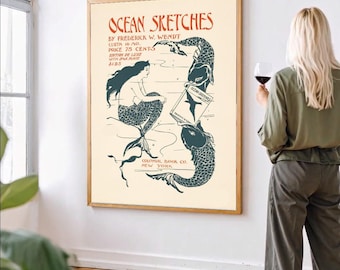 Poster con schizzo di sirena sull'oceano, arte murale nautica vintage, decorazione da bagno costiera
