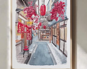 Shinjuku Alley Watercolor Print, Japan Wall Art, Tokyo Cityscape