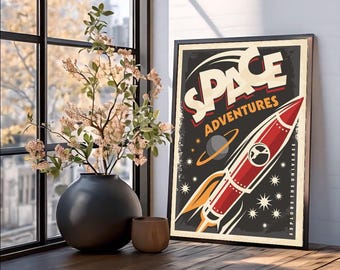 Vintage Space Exploration Poster Retro Rocket Adventure Wall Art