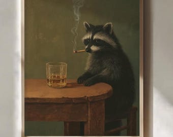 Póster de mapache divertido con humor negro y melancólico.
