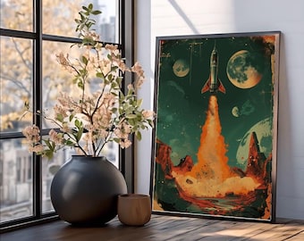 Vintage Rocket Launch Poster Retro Scifi Space Illustration Print Rocket Ship Wall Art Decor
