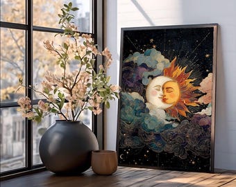 Sun Moon Kiss Art Print Bohemian Celestial Decor