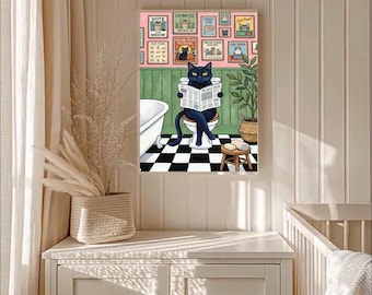 Impresión artística de gato negro para baño, divertido póster de ducha de gato, linda decoración de pared para baño
