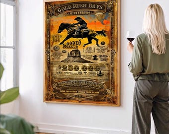 Vintage Western Cowboy Poster Retro Rodeo Art Print Gold Rush Style Decor